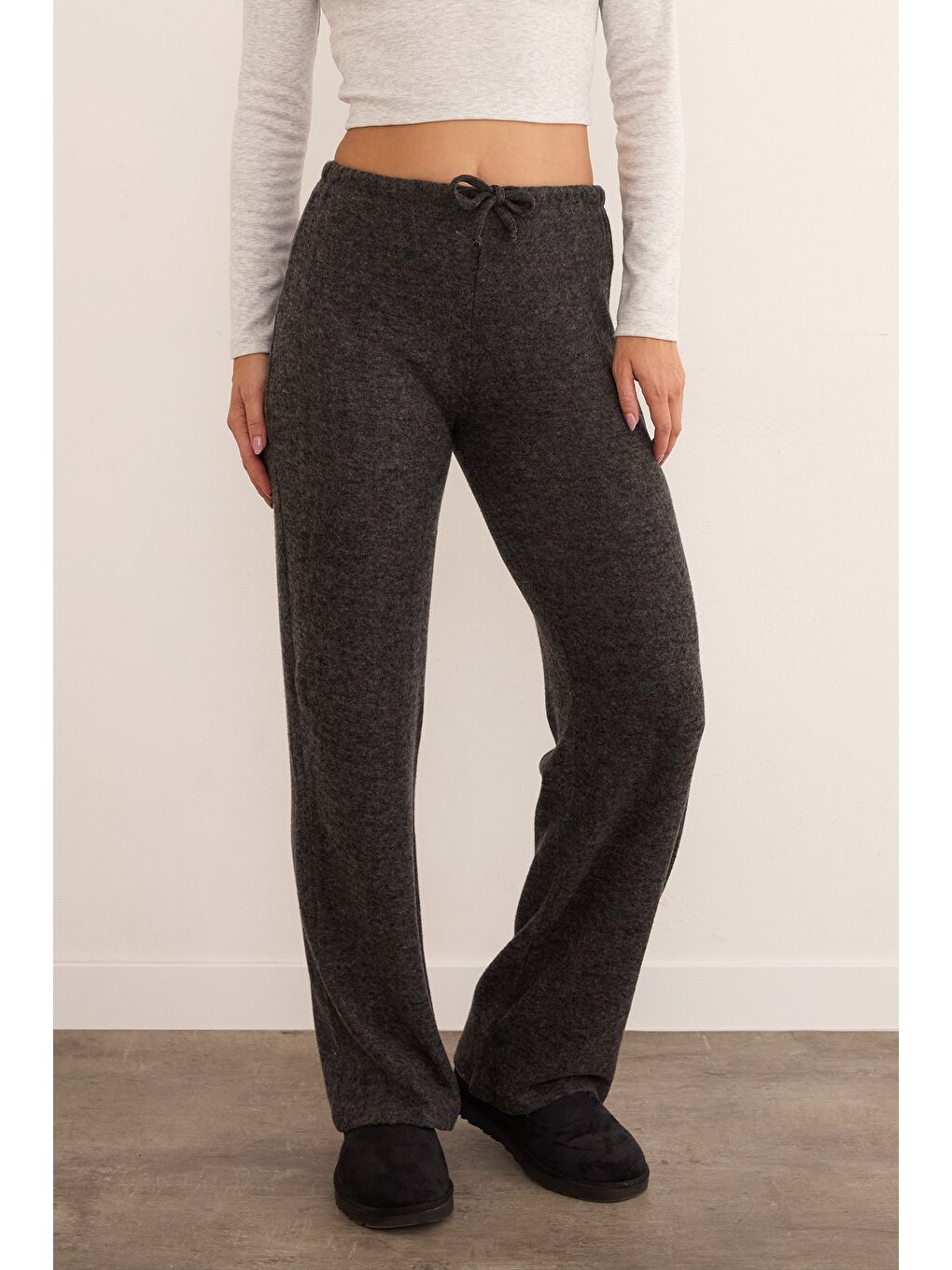 Antrasit Beli Bağlamalı Yumoş Palazzo Pantolon-2