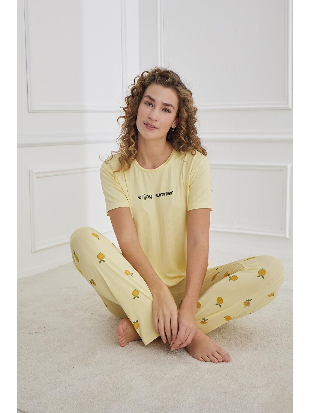 Kadın Limon Desenli Bisiklet Yaka Pijama Takım | Sarı 80601-1238-1