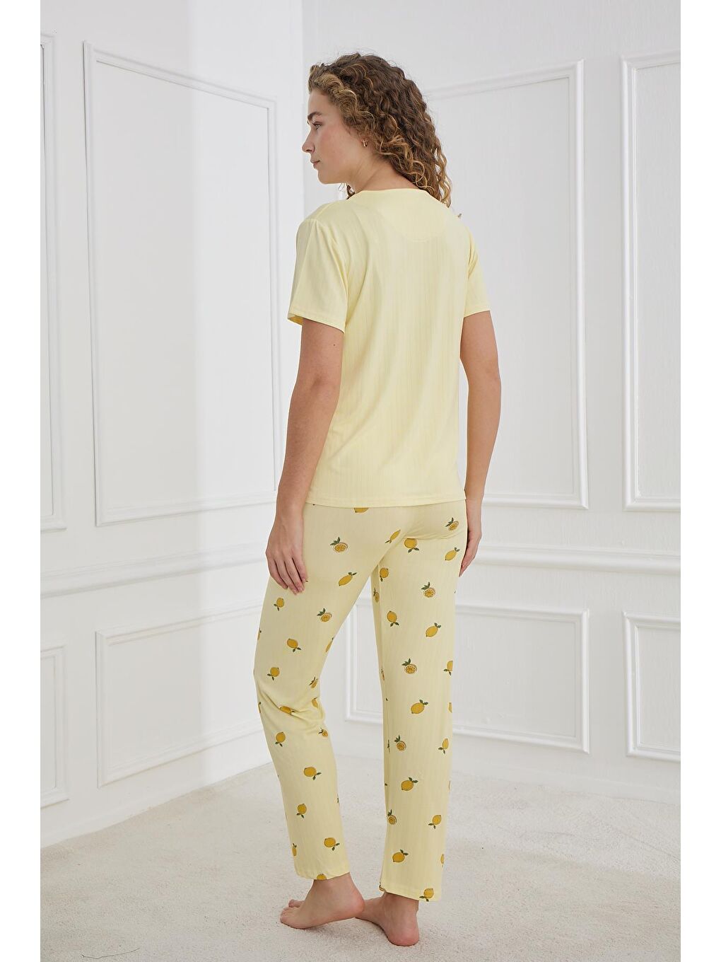 Kadın Limon Desenli Bisiklet Yaka Pijama Takım | Sarı 80601-1238-2