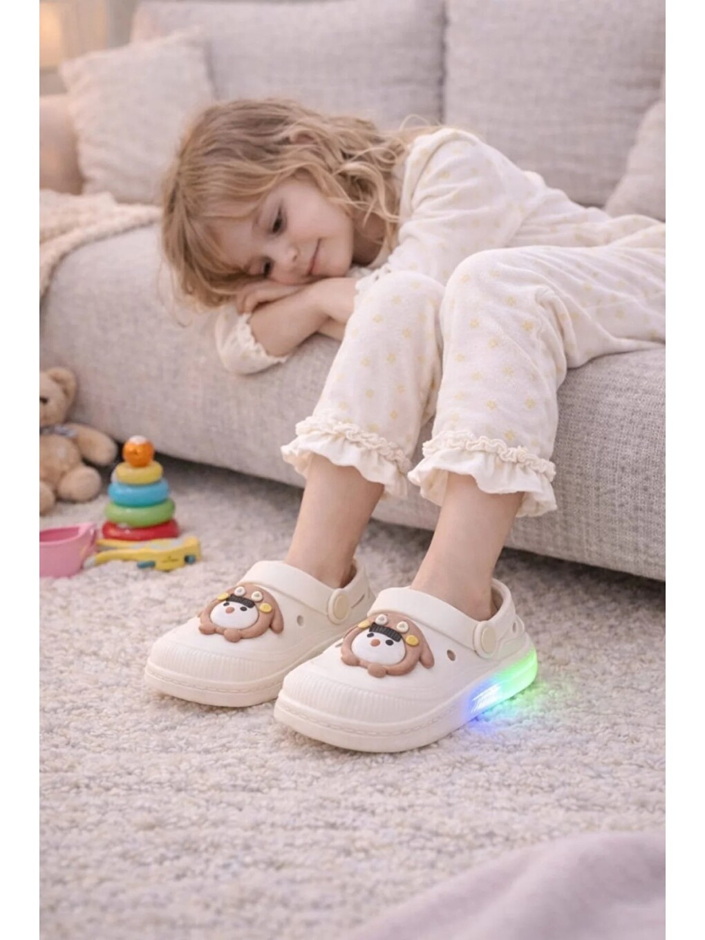 Ekru Işıklı Minik Maymun Çocuk Sandalet Terlik-3