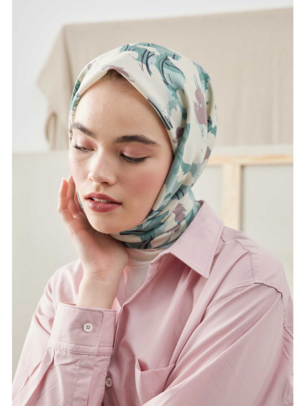 Yeşil Multı Flower Desen Pamuk İpek Eşarp Mint-1