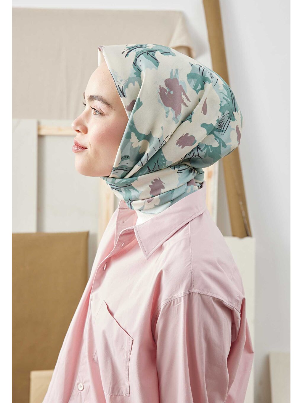 Yeşil Multı Flower Desen Pamuk İpek Eşarp Mint-2