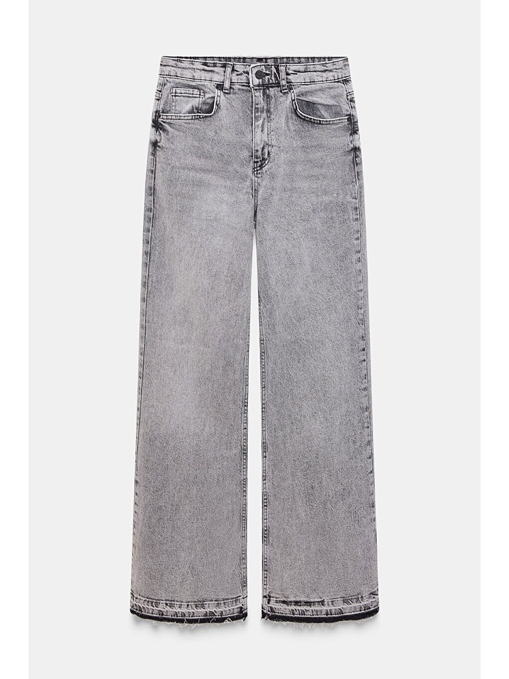 Gri Kadın Yüksek Bel Wide Leg Jean Pantolon - Paça Detaylı-5