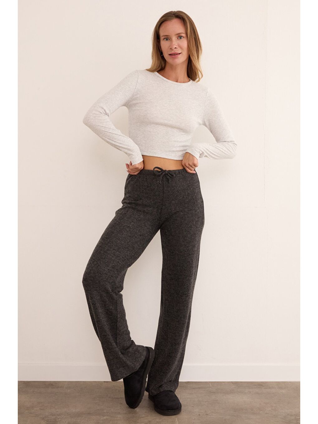 Antrasit Beli Bağlamalı Yumoş Palazzo Pantolon-4