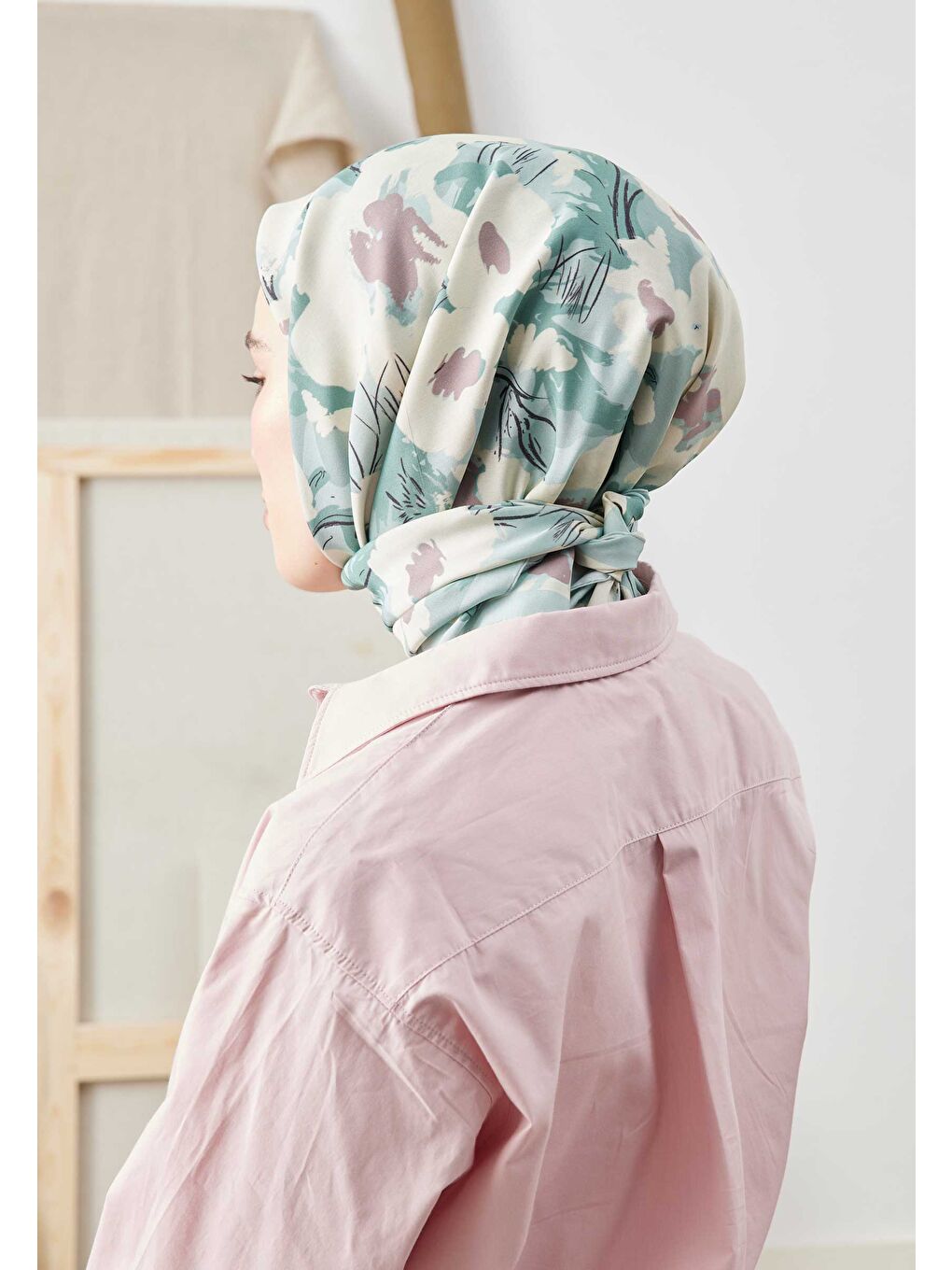 Yeşil Multı Flower Desen Pamuk İpek Eşarp Mint-3