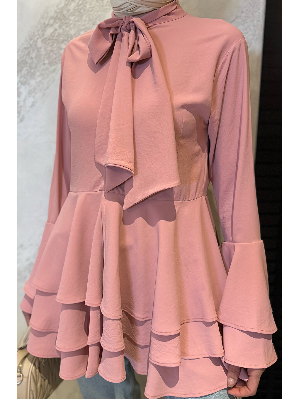 Pembe Tesettür Piliseli Şifon Tunik-4