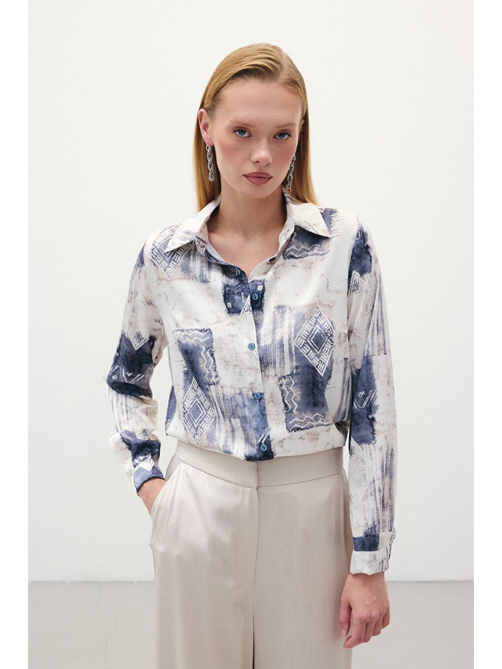 Desenli Klasik Gömlek - Gri-1