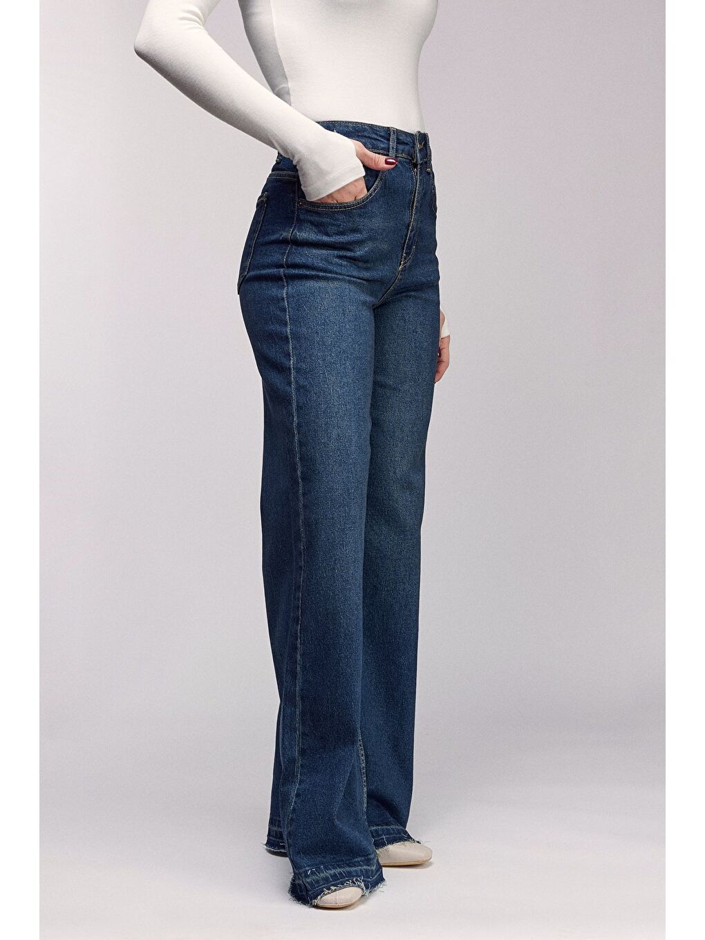 Lacivert Kadın Yüksek Bel Wide Leg Jean Pantolon - Paça Detaylı-1