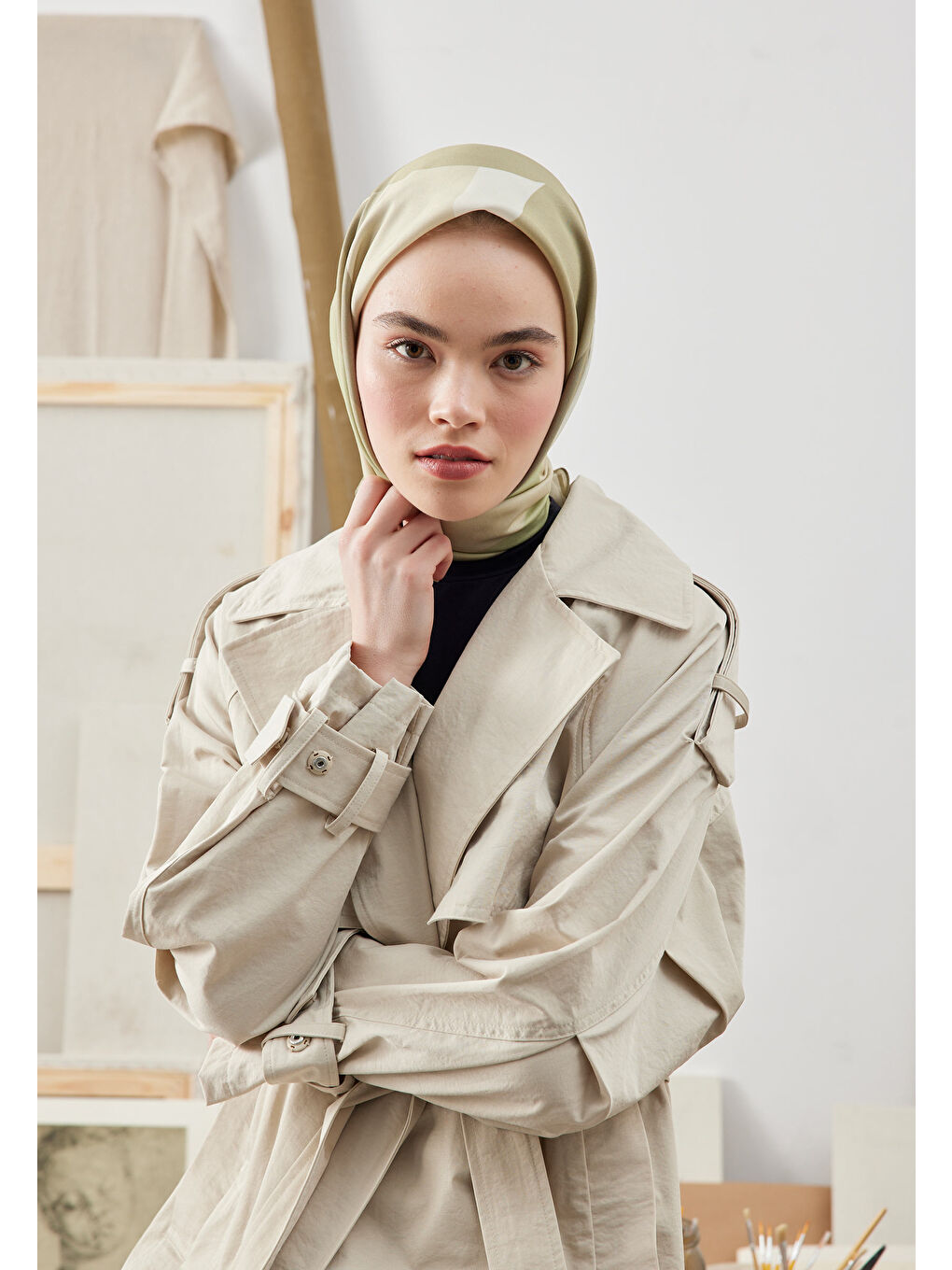 Multı Colors Desen Pamuk İpek Eşarp Pastel Yeşil-1