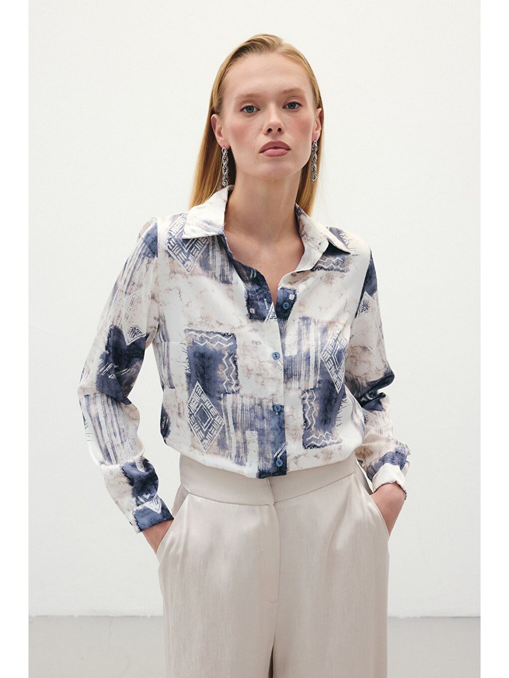 Desenli Klasik Gömlek - Gri-3