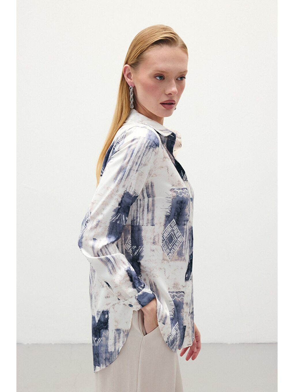 Desenli Klasik Gömlek - Gri-4