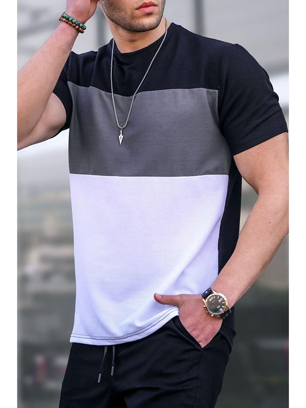Erkek Renk Bloklu Siyah Tişört 5826-2