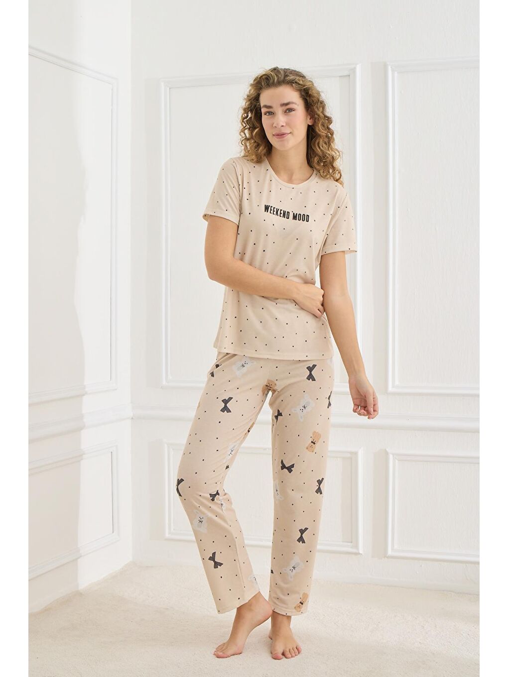 Bej Kadın Elastanlı Süprem Bisiklet Yaka Pijama Takım | 70109-923