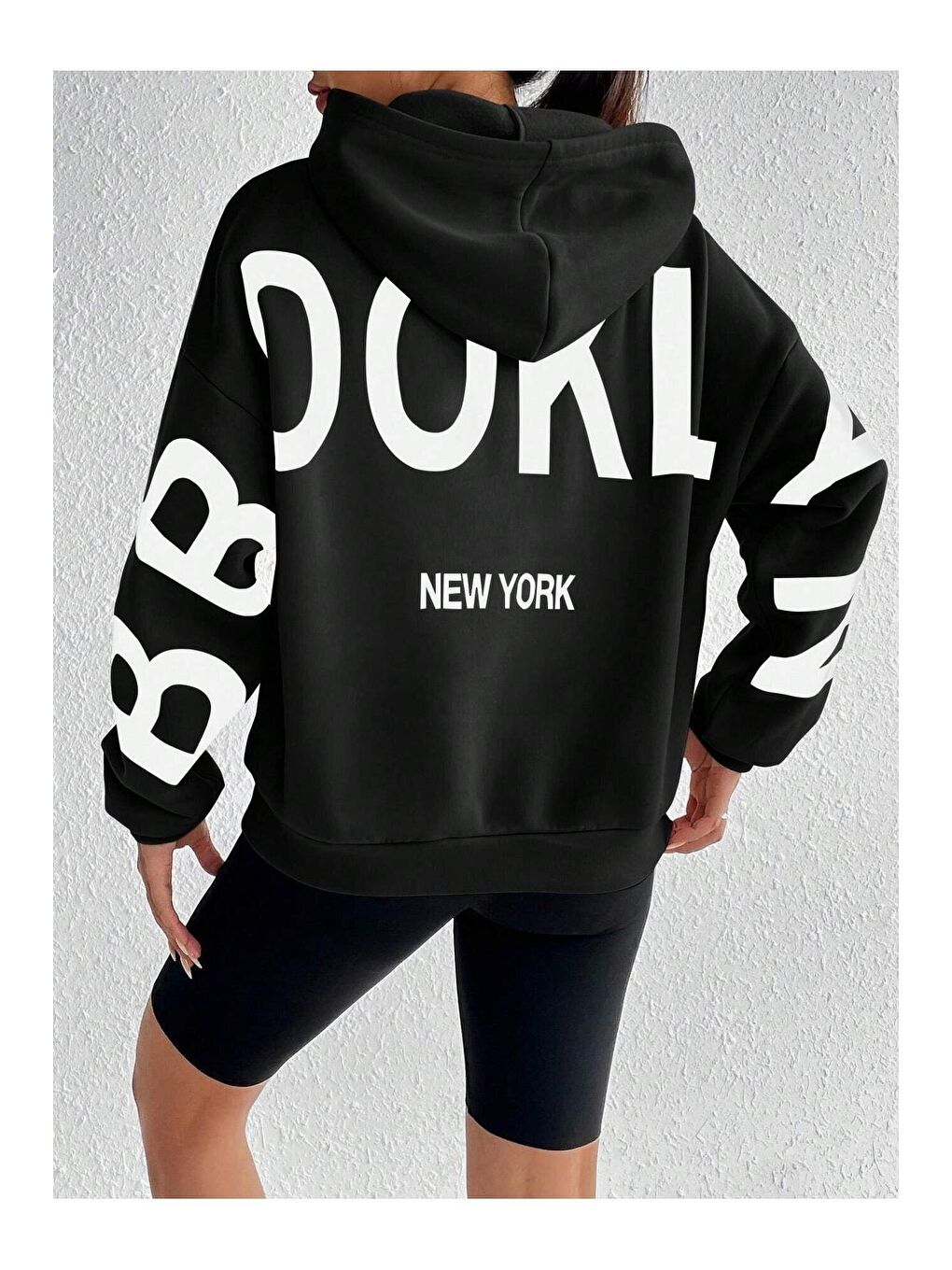 Kadın Siyah Kolları Brooklyn New York Baskılı Oversize Kapüşonlu Sweatshirt Hoodie-1