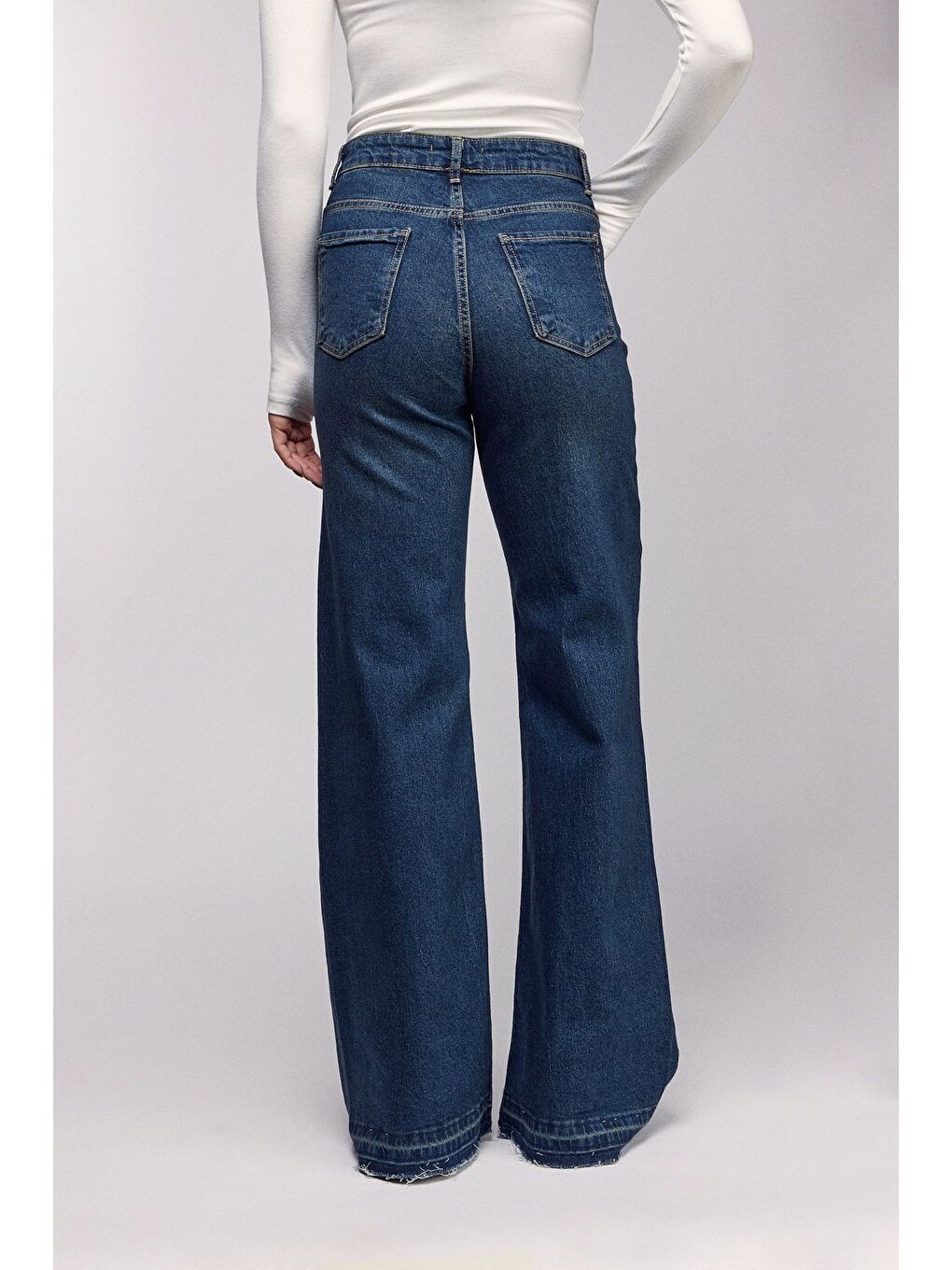 Lacivert Kadın Yüksek Bel Wide Leg Jean Pantolon - Paça Detaylı-2