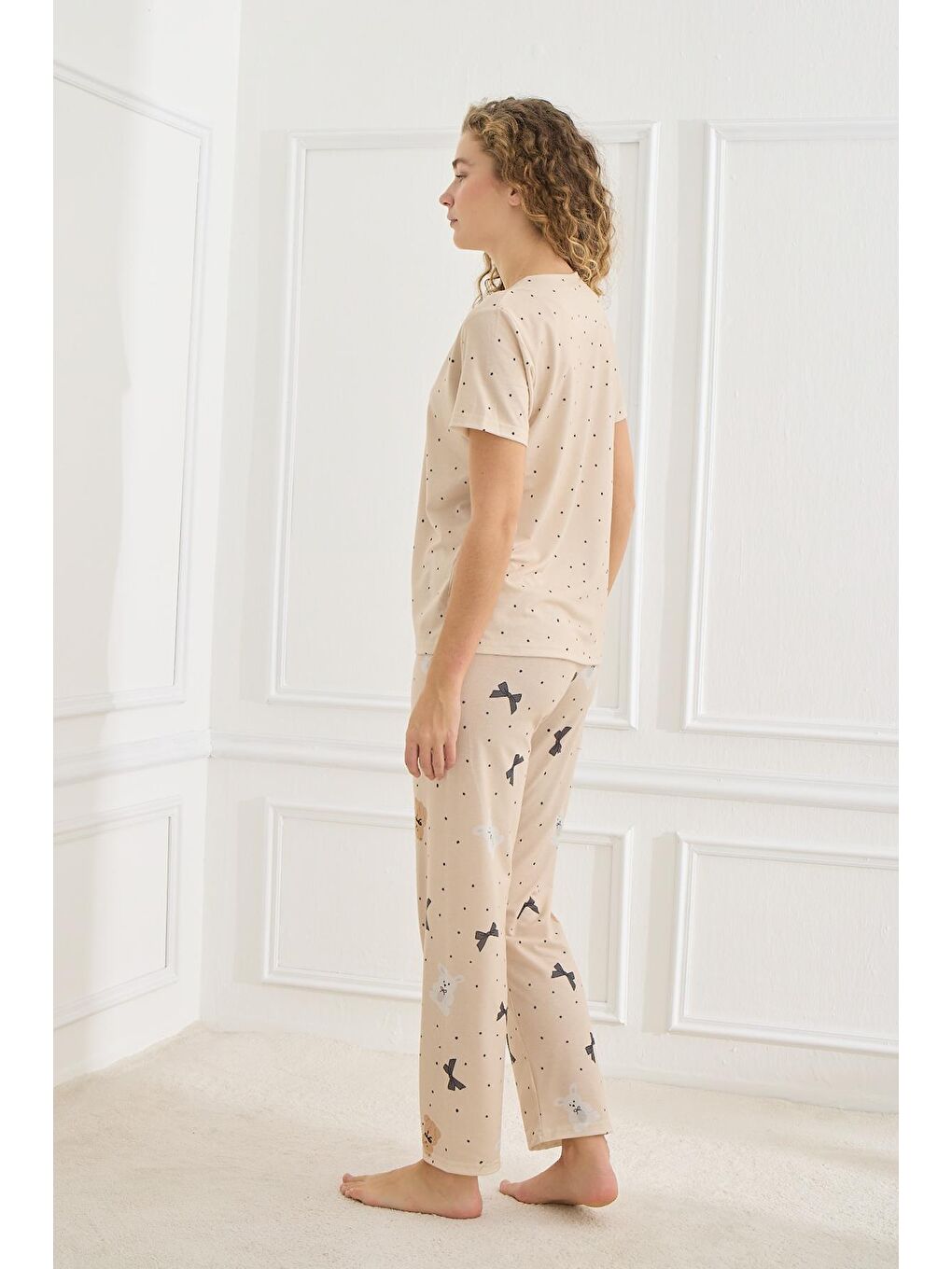 Bej Kadın Elastanlı Süprem Bisiklet Yaka Pijama Takım | 70109-923-2