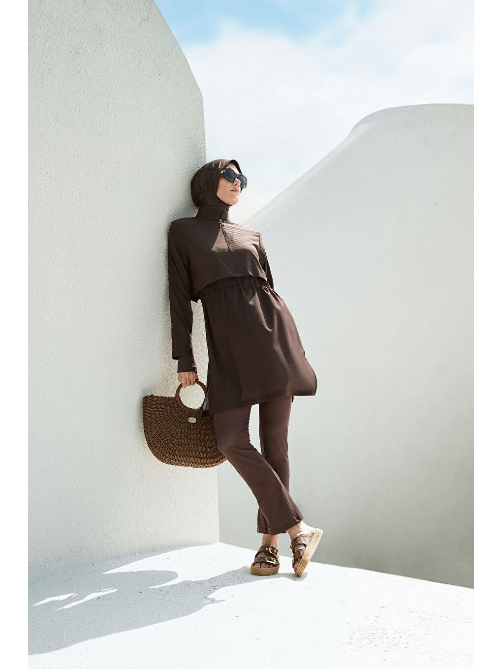 Esila Dokulu Kumaş Kahverengi 5 Parça Tam Tesettür Mayo Takımı 5067-2