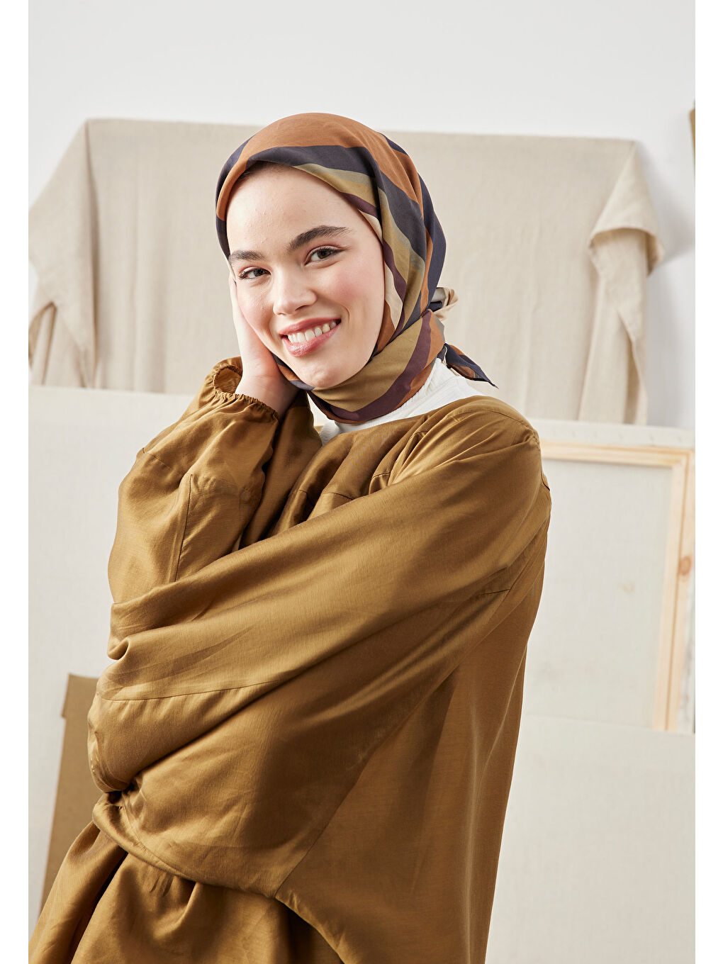 Kahverengi Color Mıx Desen Pamuk İpek Eşarp Kahve