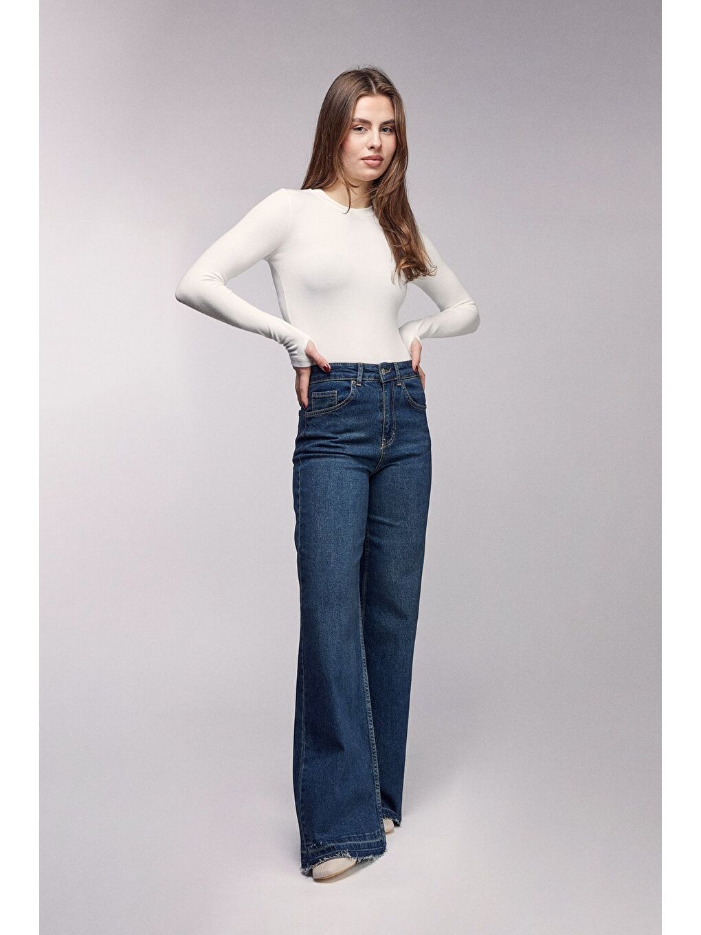 Lacivert Kadın Yüksek Bel Wide Leg Jean Pantolon - Paça Detaylı-3