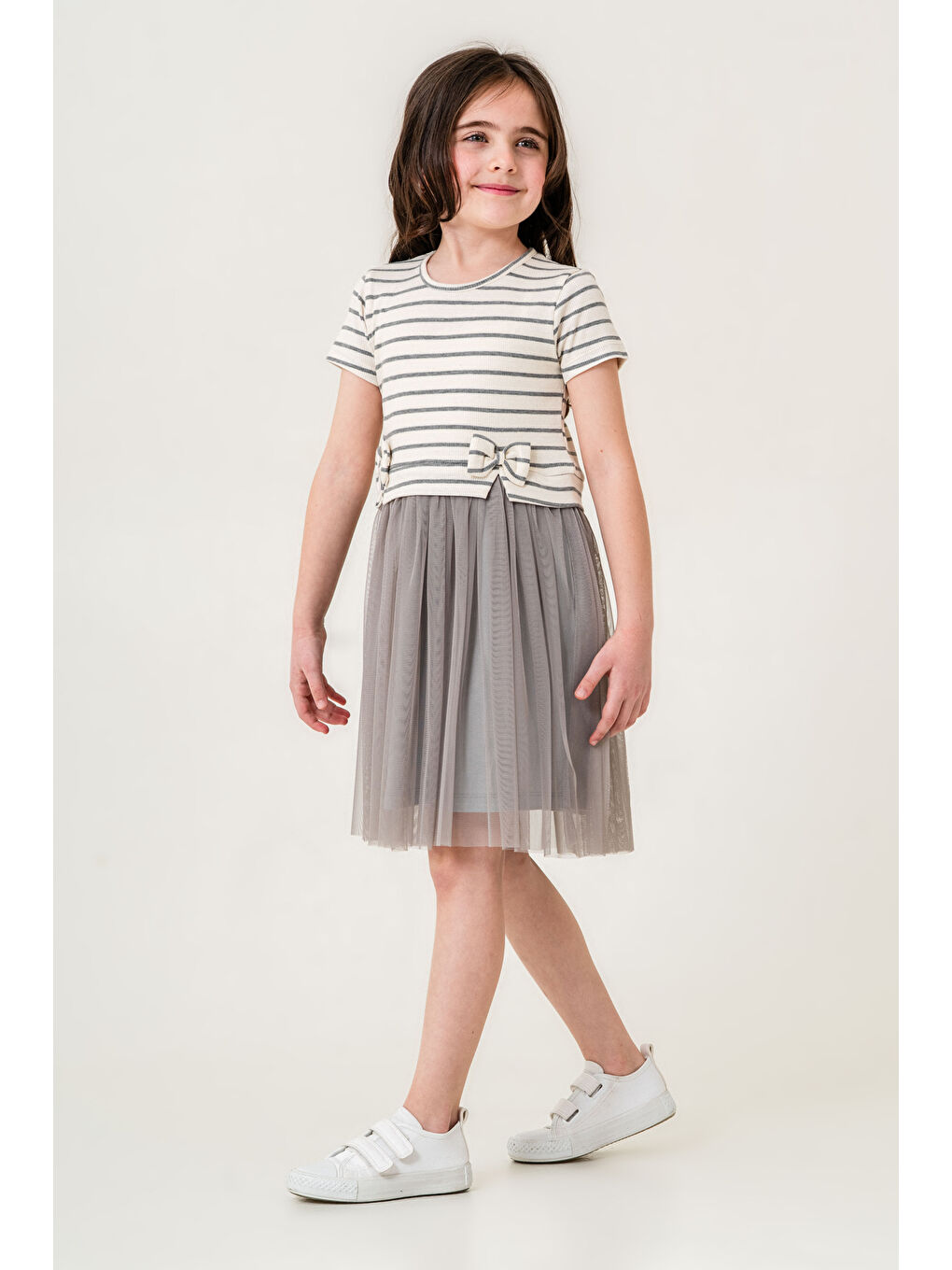 Kız Çocuk Çizgili Kurdele Detaylı Tüllü Elbise 2-7 Yaş Gri 006-2
