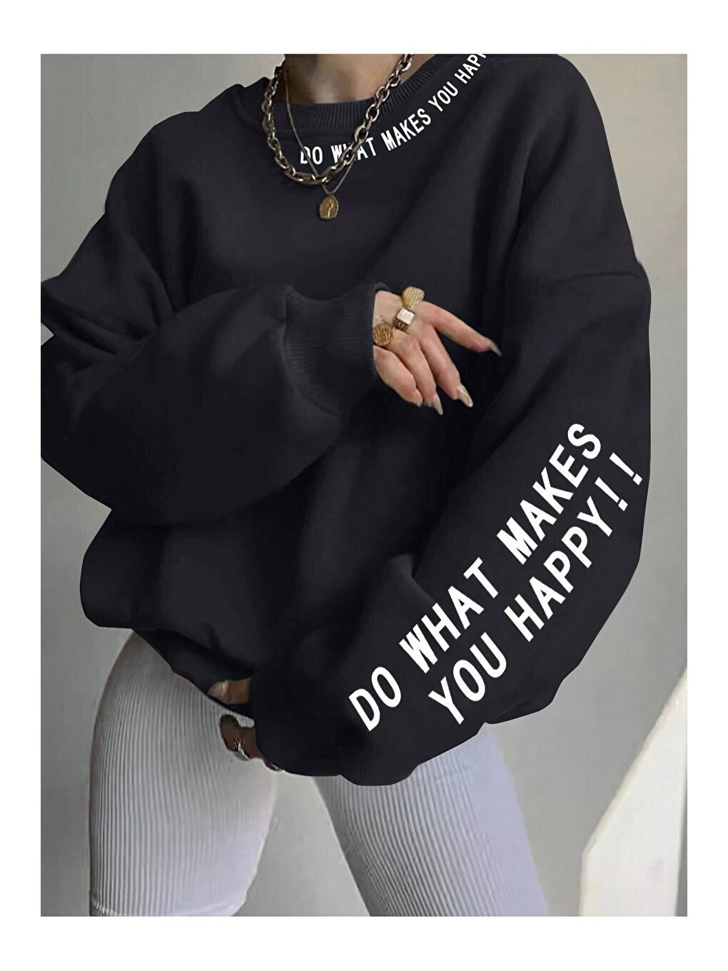 Trendseninle Siyah Kadın Siyah Do What Makes Baskılı Oversize Bisiklet Yaka Sweatshirt