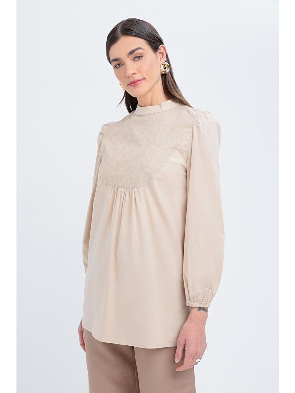 Bej-Fisto Garnili Kolu Lastikli Poplin Tunik