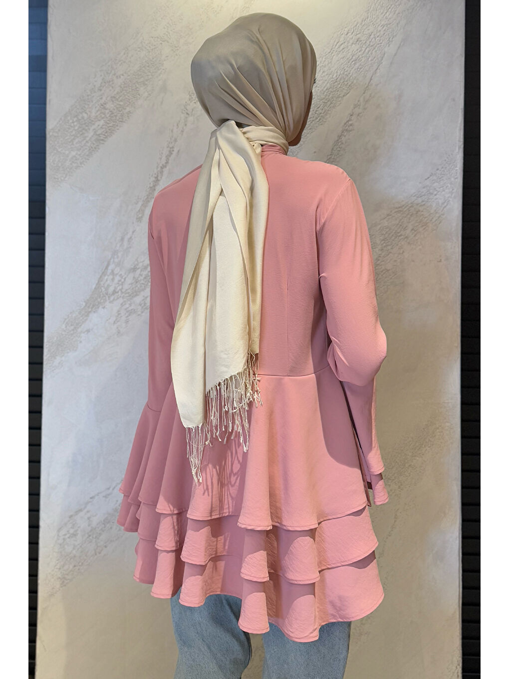 Pembe Tesettür Piliseli Şifon Tunik-6