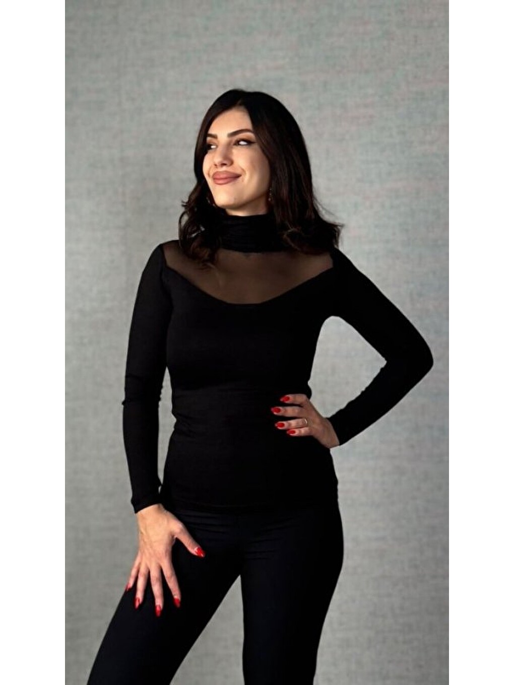 Siyah Kadın Balıkçı Yaka Transparan Tül Detay Uzun Kollu Bluz-3