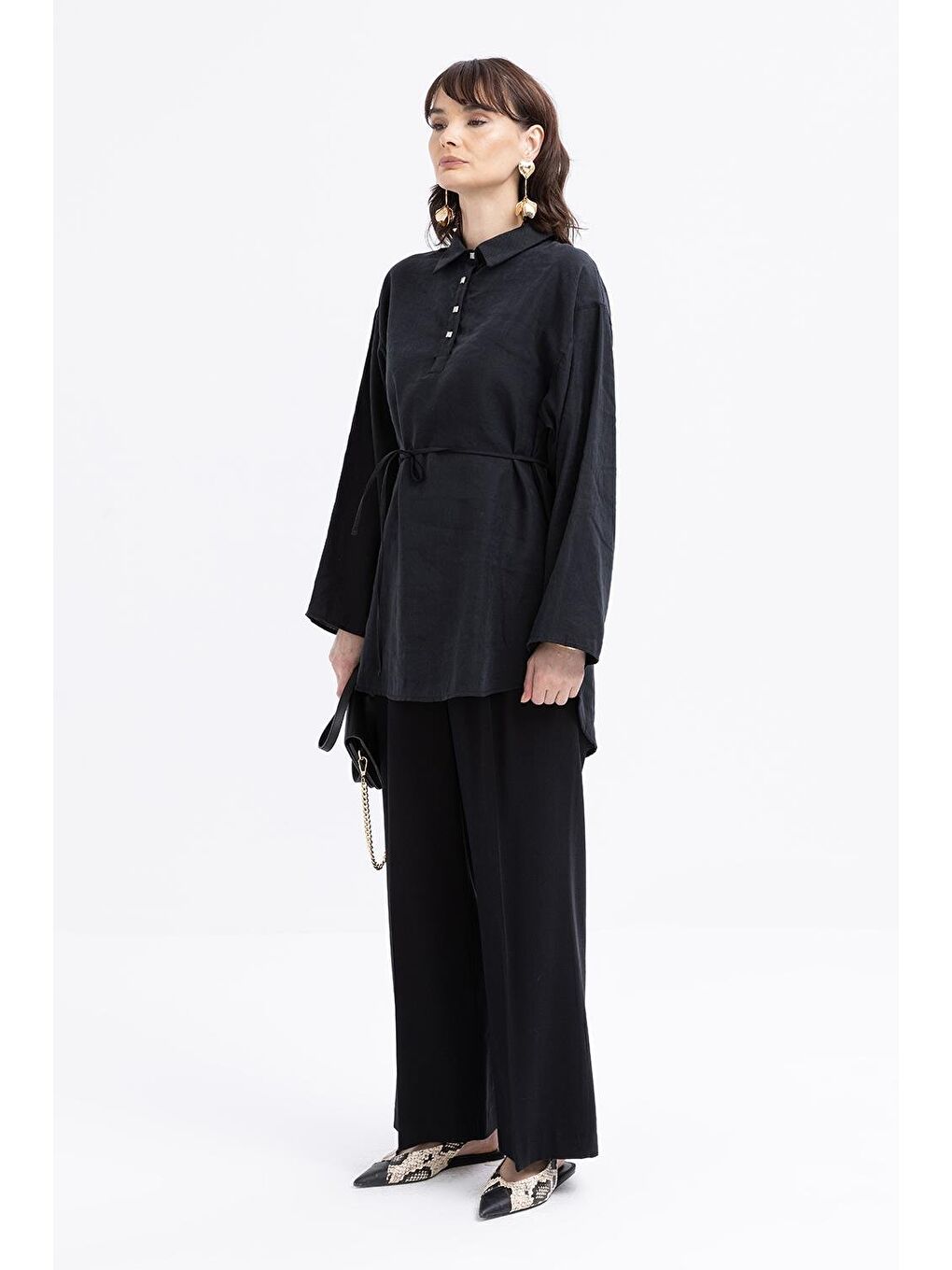 Bej Siyah-Yarım Patlı Beli Bağcıklı Tunik-2