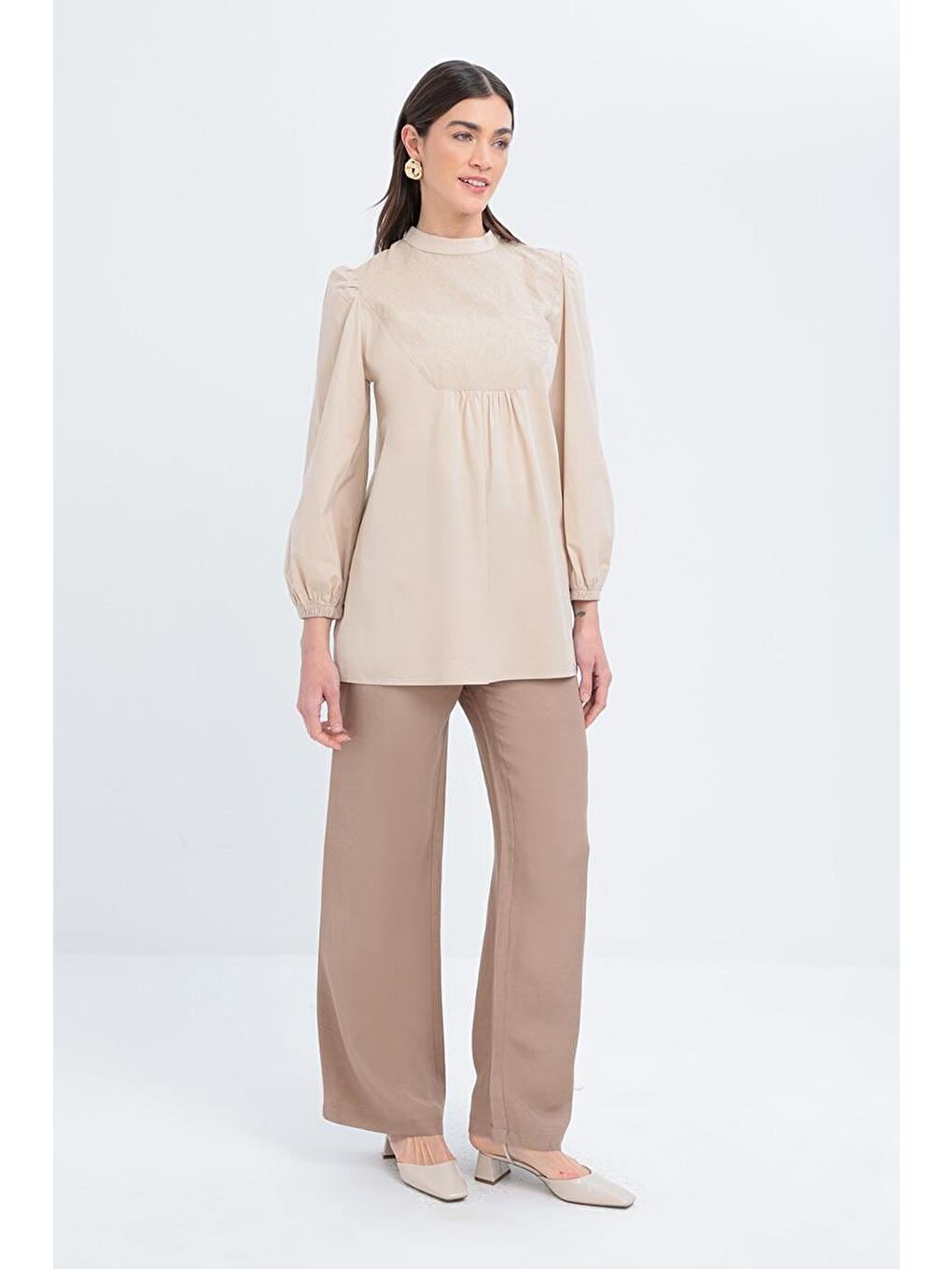 Bej-Fisto Garnili Kolu Lastikli Poplin Tunik-1