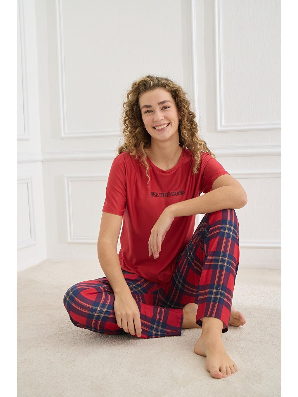 Kadın Ekose Desenli Bisiklet Yaka Pijama Takım | Kırmızı 30102-598-1