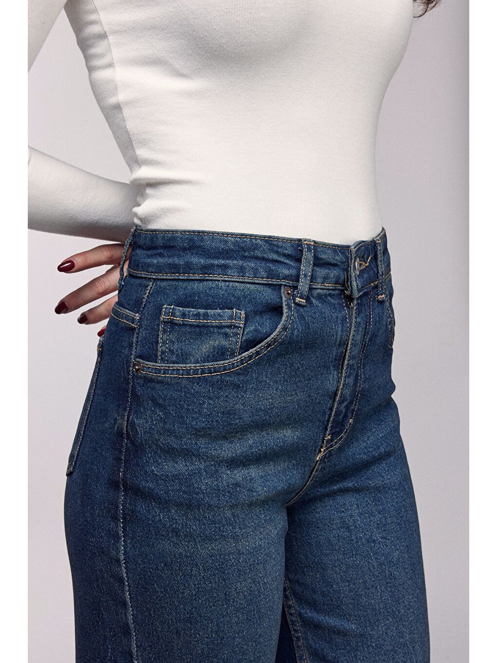 Lacivert Kadın Yüksek Bel Wide Leg Jean Pantolon - Paça Detaylı-4