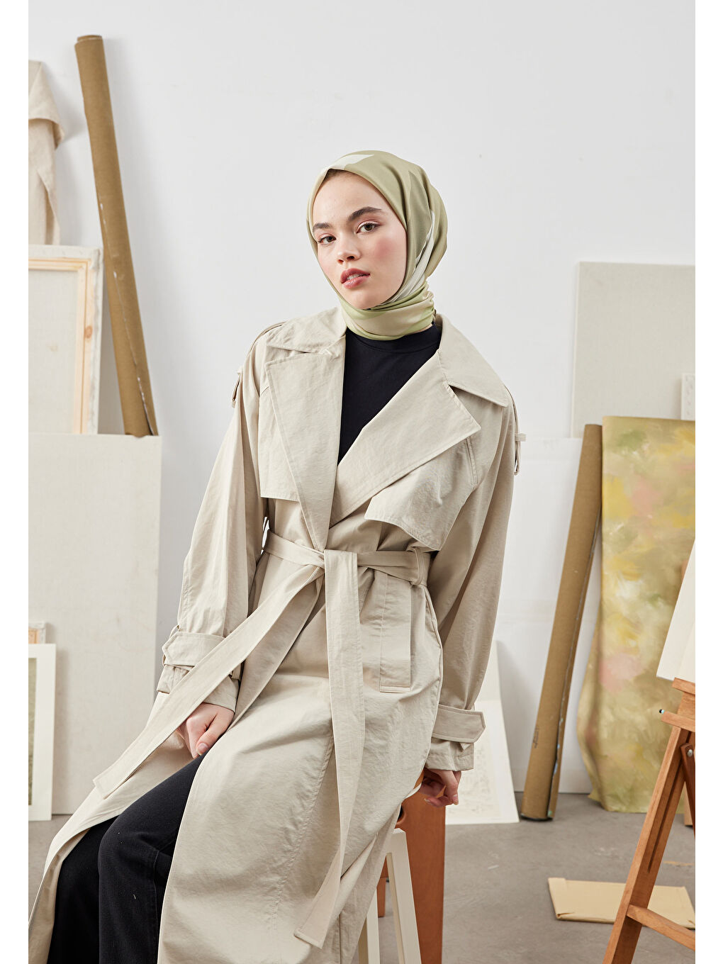 Multı Colors Desen Pamuk İpek Eşarp Pastel Yeşil-3