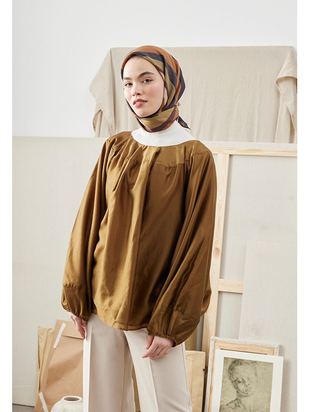 Kahverengi Color Mıx Desen Pamuk İpek Eşarp Kahve-1