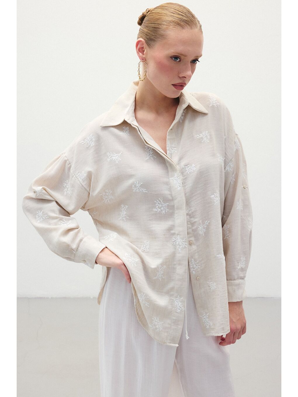 Salaş Nakışlı Gömlek - Bej-1