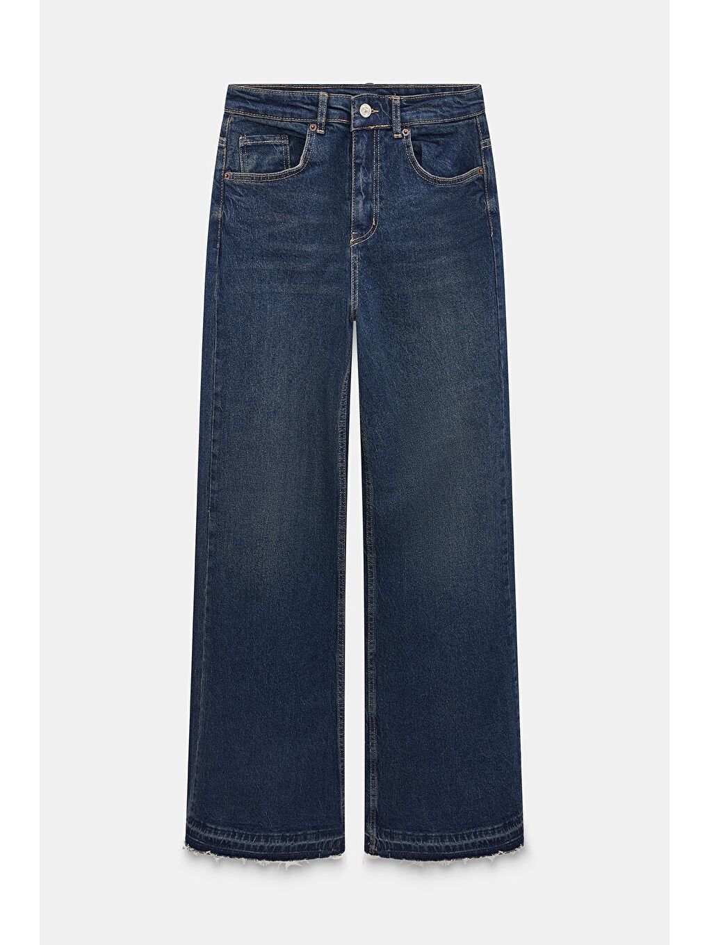 Lacivert Kadın Yüksek Bel Wide Leg Jean Pantolon - Paça Detaylı-5