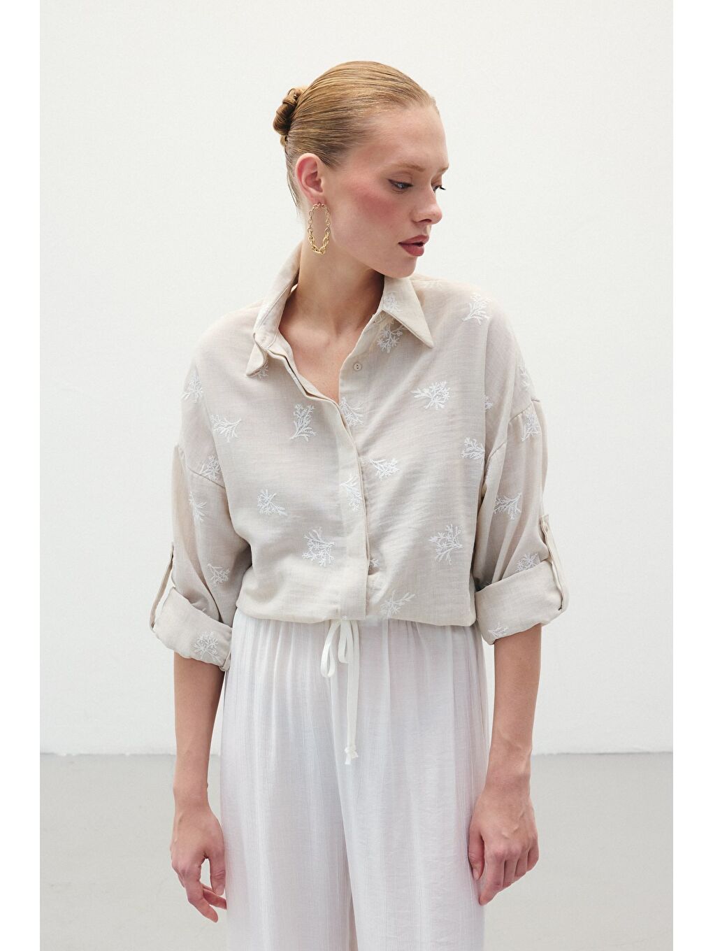 Salaş Nakışlı Gömlek - Bej-4