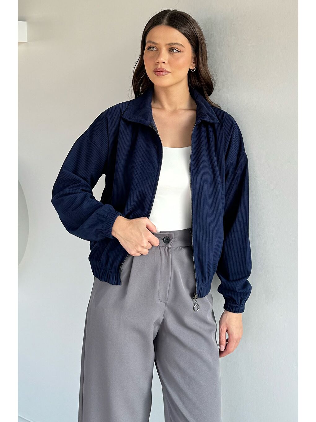 Lacivert Fermuarlı Fitilli Kadife Ceket-1