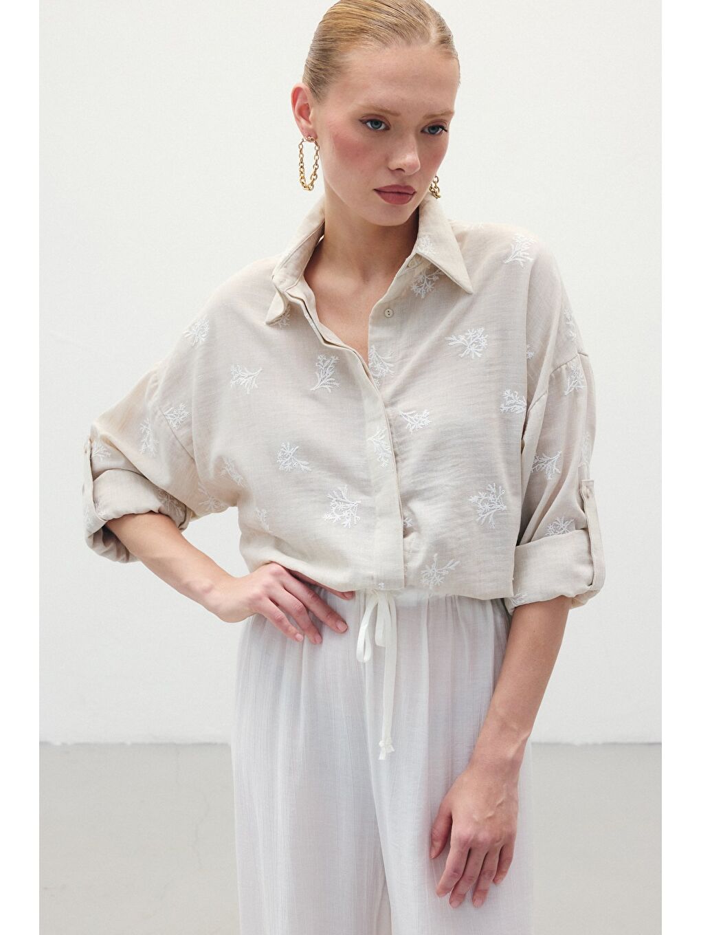 Salaş Nakışlı Gömlek - Bej-5