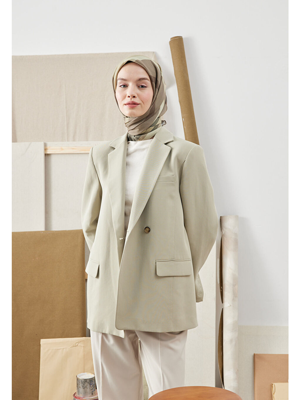 Color Mıx Desen Pamuk İpek Eşarp Asker Yeşili-1