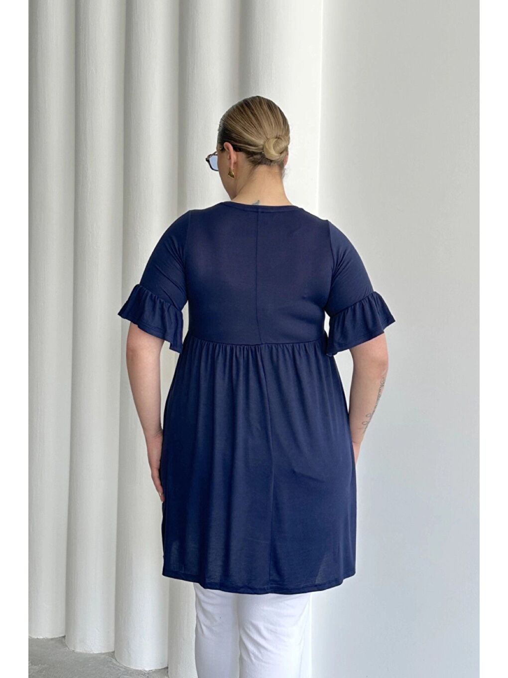 Lacivert Büyük Beden Kol Detaylı Beli Lastikli Pileli Tunik T-shirt T42-7