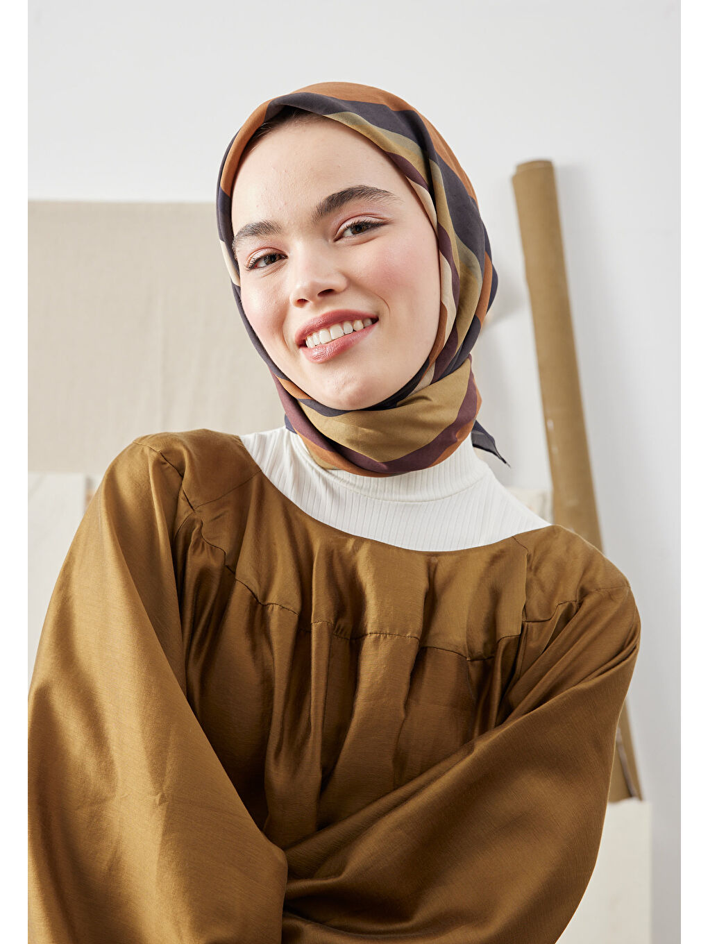 Kahverengi Color Mıx Desen Pamuk İpek Eşarp Kahve-2