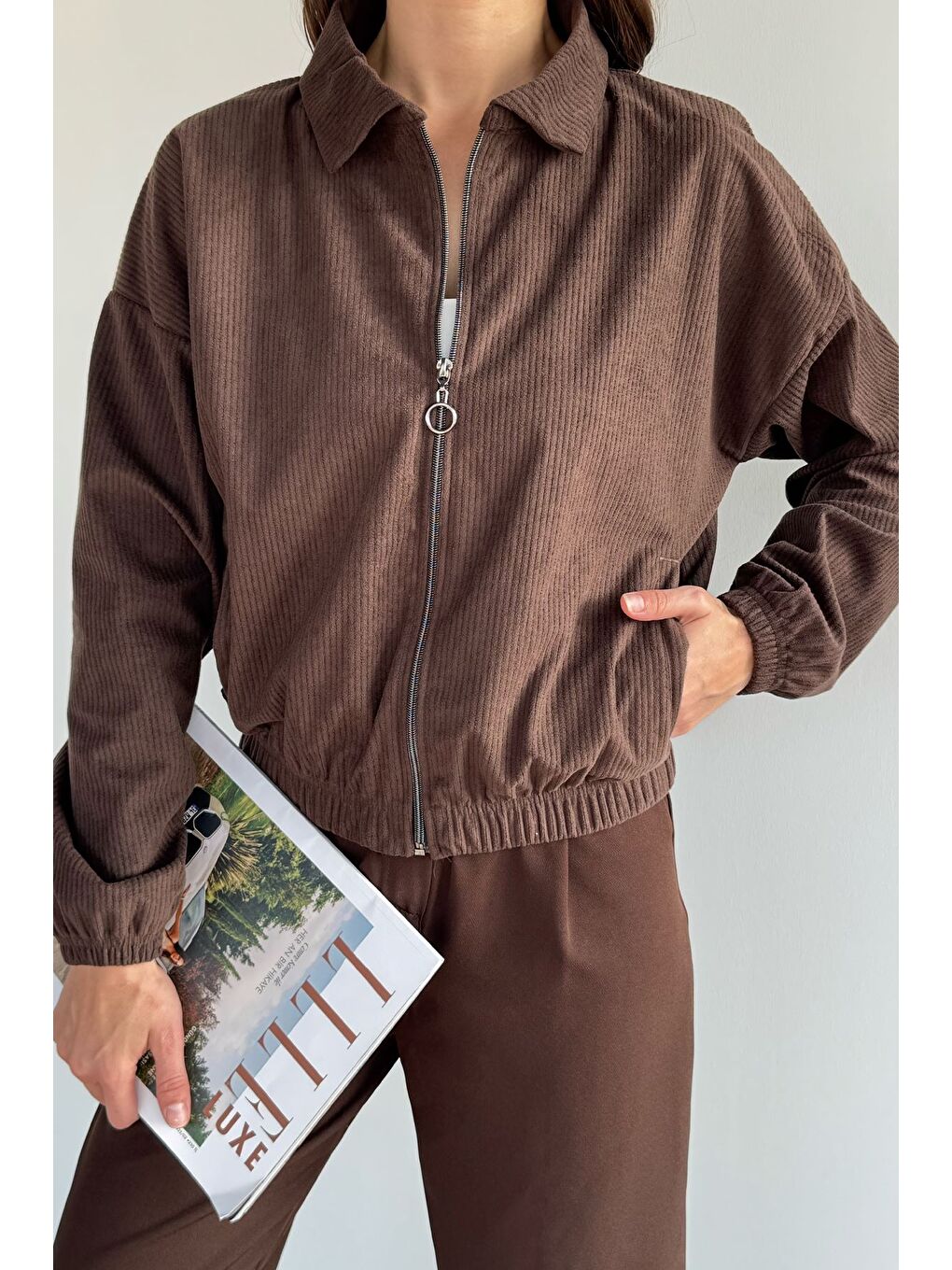 Kahverengi Fermuarlı Fitilli Kadife Ceket