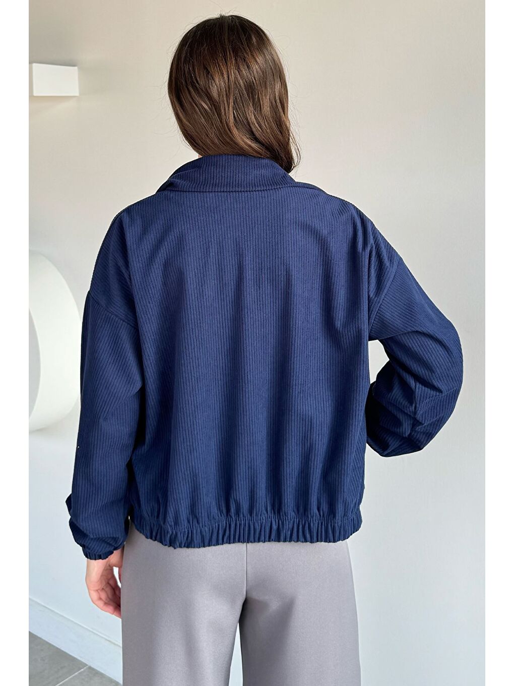 Lacivert Fermuarlı Fitilli Kadife Ceket-3