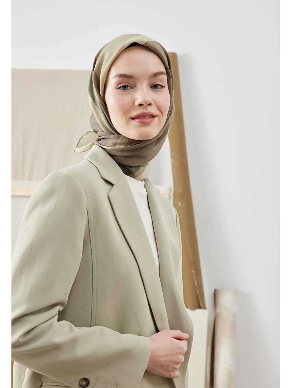 Color Mıx Desen Pamuk İpek Eşarp Asker Yeşili-2