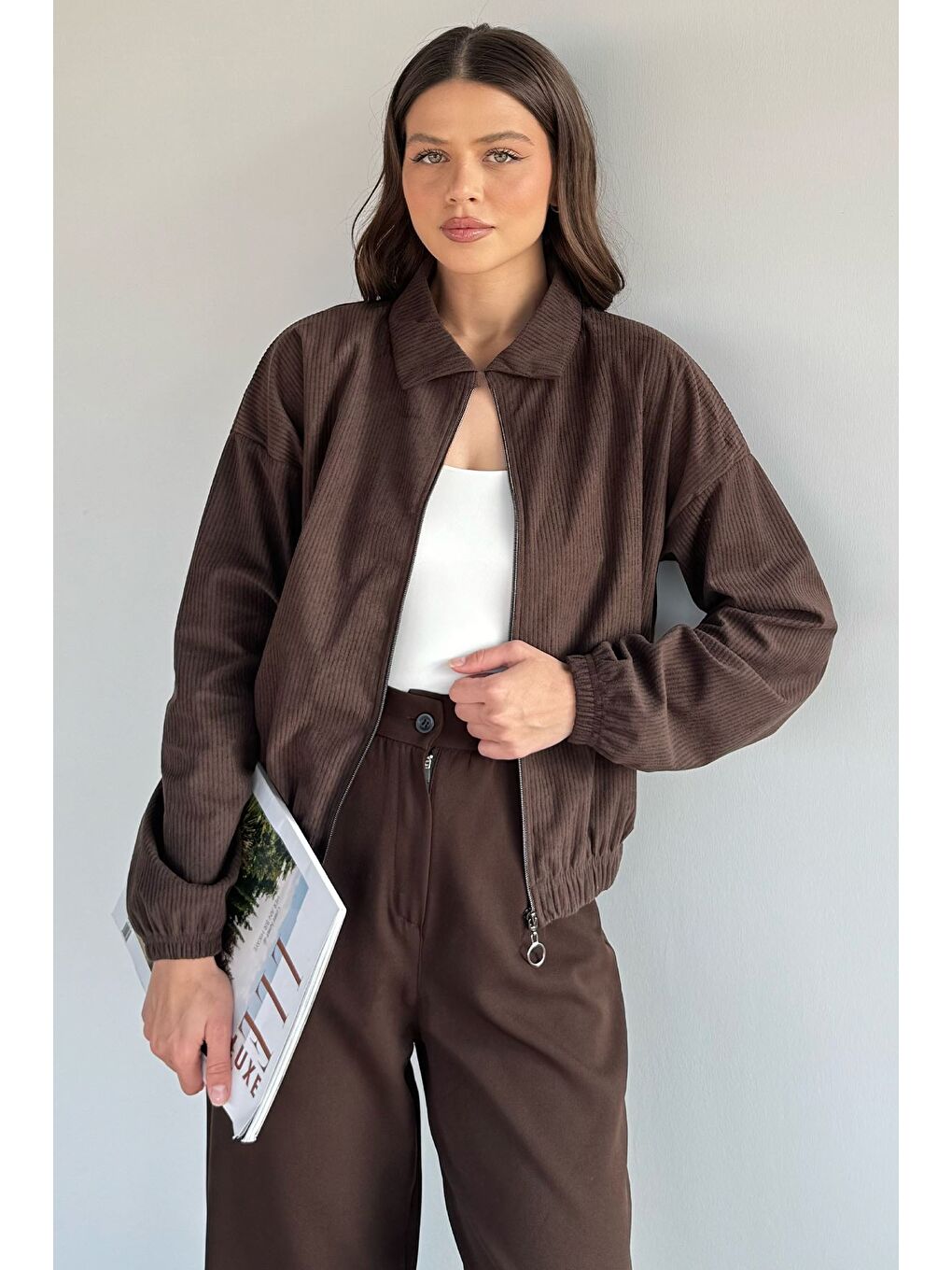 Kahverengi Fermuarlı Fitilli Kadife Ceket-1