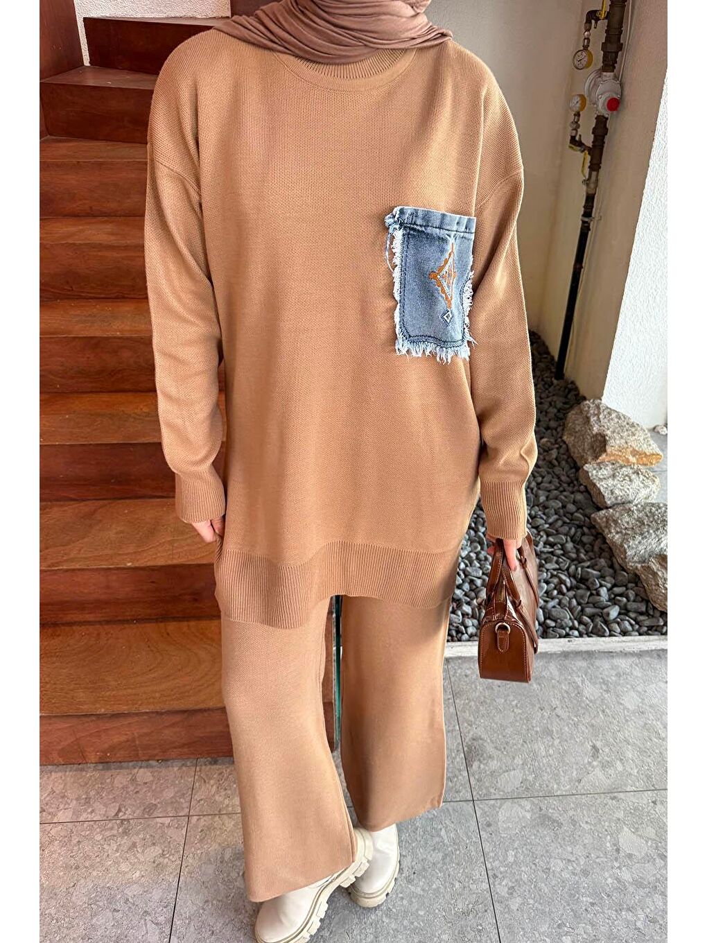 Kahverengi Cep Detaylı Triko Takım Camel-2