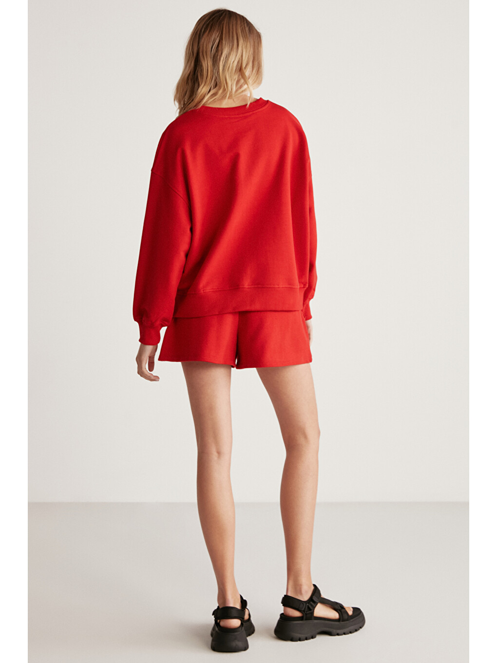 Jennıfer Kadın Organik Pamuklu Nakışlı Yuvarlak Yakalı Oversize Kırmızı Sweatshirt-4