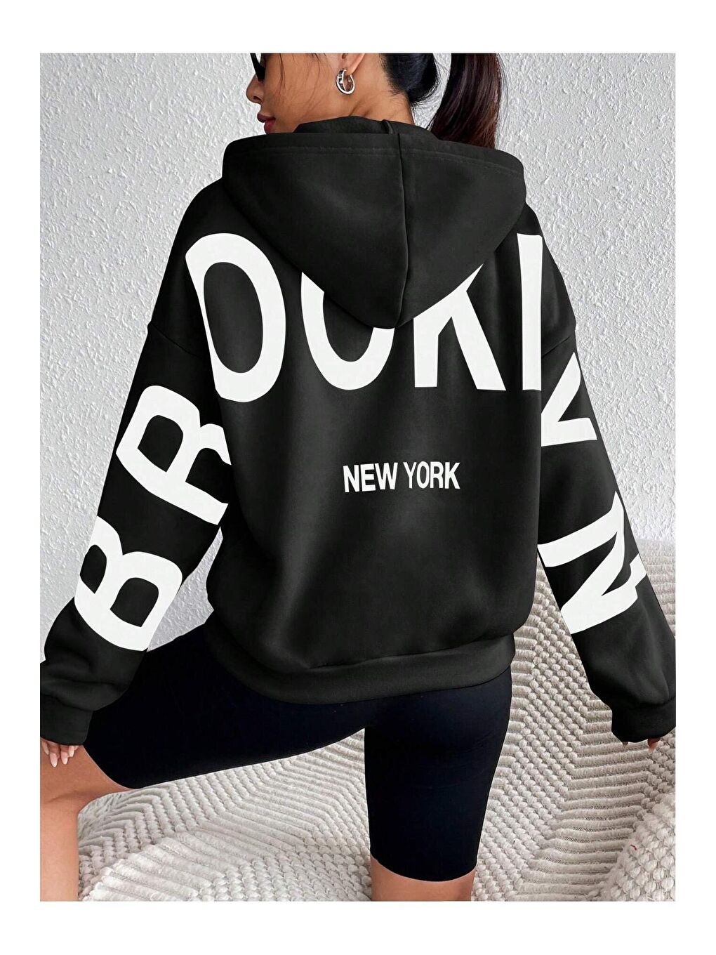 Kadın Siyah Kolları Brooklyn New York Baskılı Oversize Kapüşonlu Sweatshirt Hoodie-2