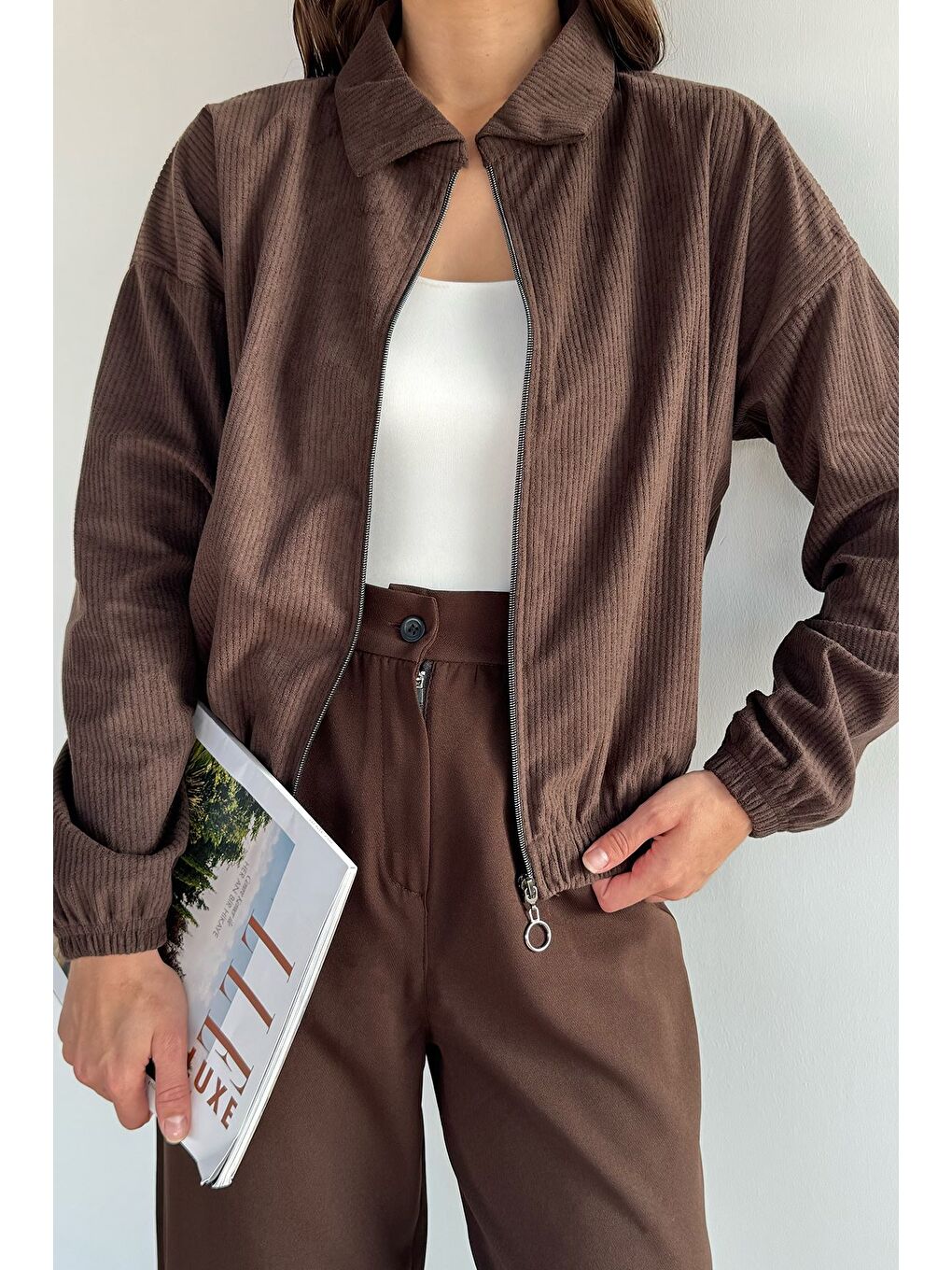 Kahverengi Fermuarlı Fitilli Kadife Ceket-2